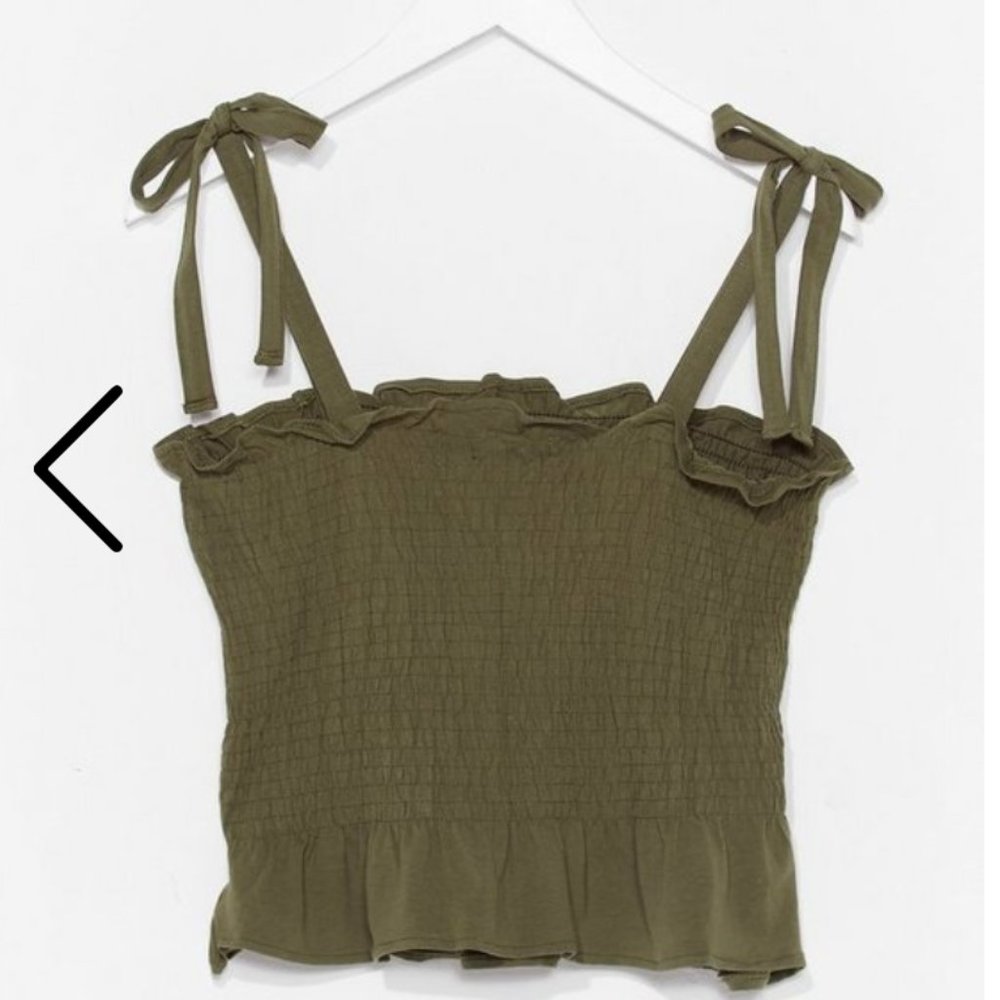 Olive Green Smocked Tie Shoulder Cropped Tank NWT